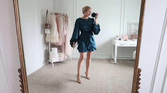 Deep Teal Satin Balloon Sleeve Dress