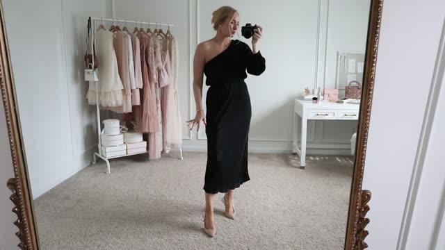 Black One-Shoulder Pleated Midi Dress