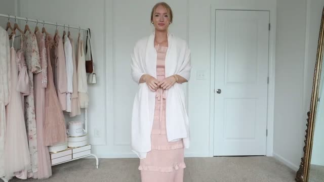 Blush Ruffled Dress Styled with White Shawl